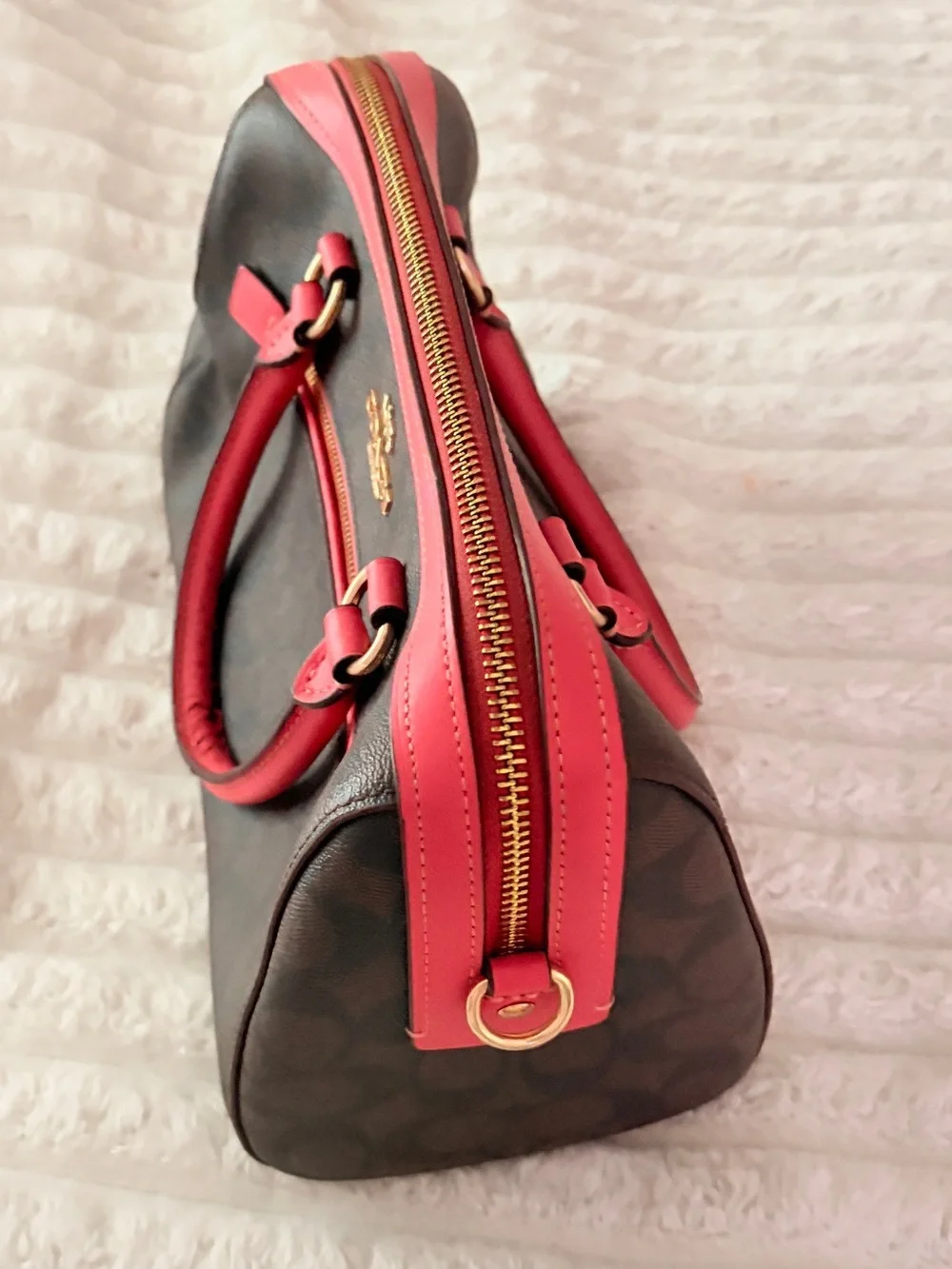 Coach Brown Signature Satchel with Hot Pink Trim